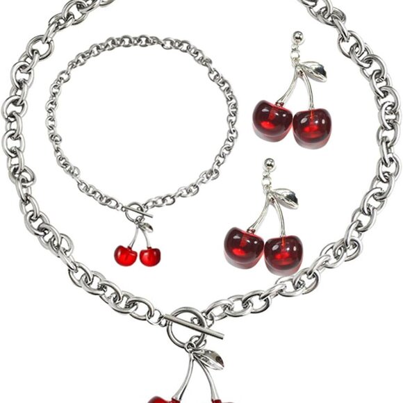 Jewelry - Sweet Cherry Pendant Necklace Set for Women Cute Fruit Earrings Bracelet Creativ